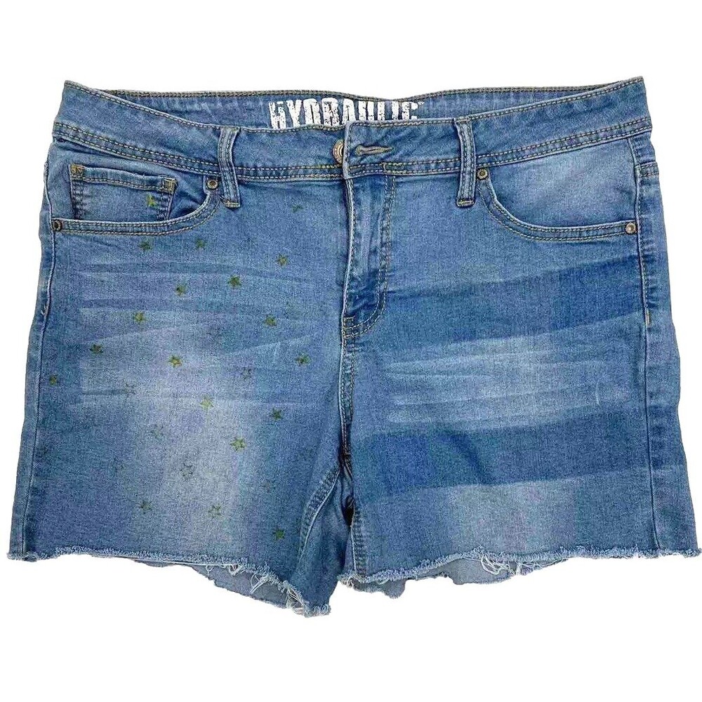 Y2K Patriotic Hydraulic Denim Shorts Sz 14 Gold Stars Stripes Celestial Festival